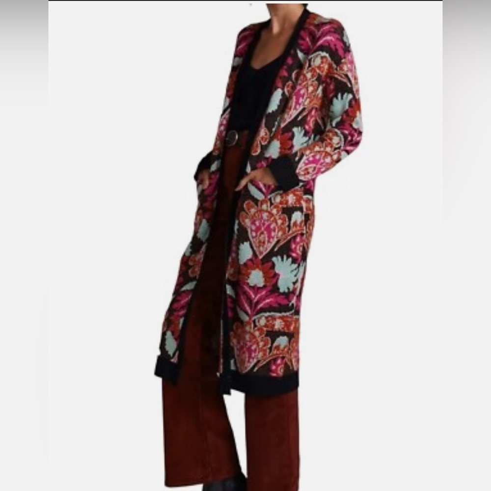 Anthropologie Patterned Duster Med Black Pink Floral Cardigan Sweater Coat - Picture 1 of 6